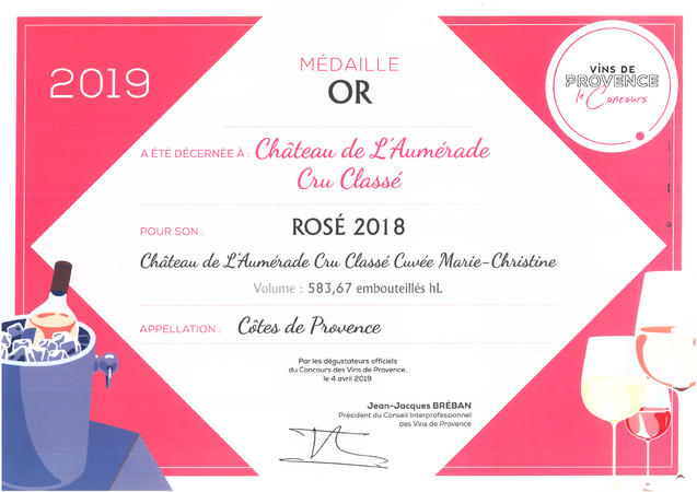 BREVET MEDAILLE D'OR - CONCOURS DES VINS DE PROVENCE